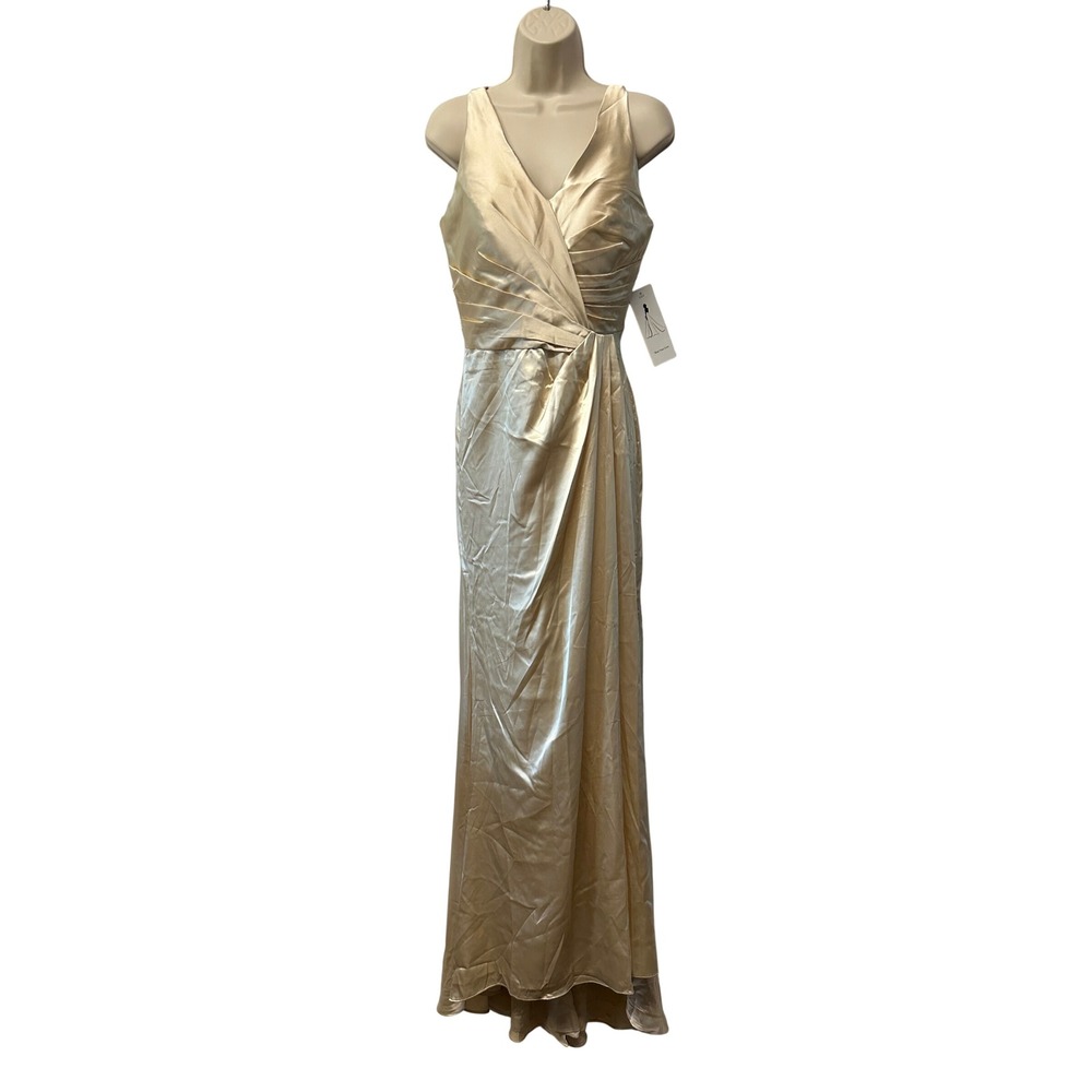 Champagne Gold Satin Lace Up Back Formal Gown V-Neck Wrap Maxi Dress Slit